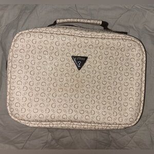 GUESS Beige and Brown Monogrammed Makeup/Lunch Bag
